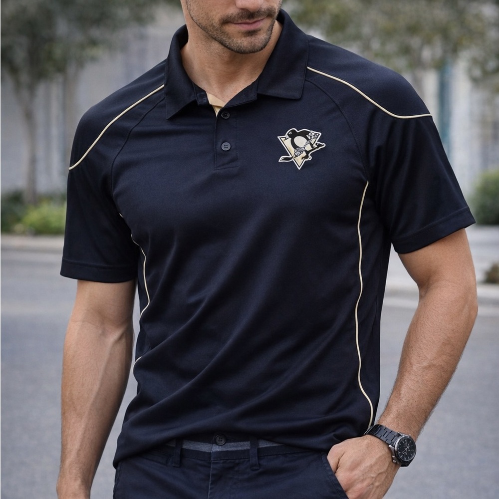 Reebok Pittsburgh Penguins NHL Polo Shirt Black Gold Mens Medium Logo - Picture 4 of 10